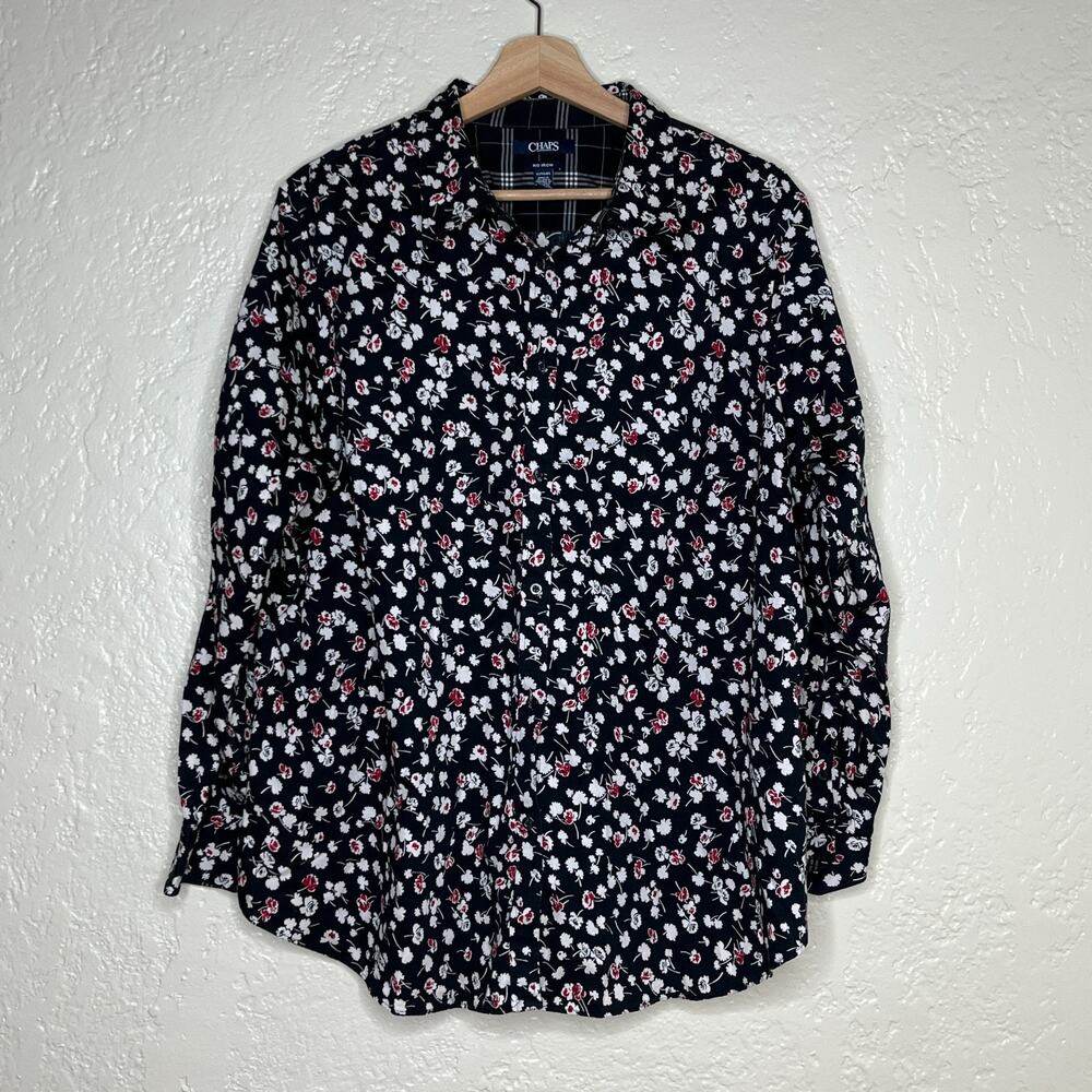 Chaps Floral Button Front Shirt Preppy No Iron Women Black White Red 1X